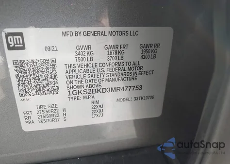 2021 GMC Yukon 4Wd Slt from USA, damaged, VIN 1GKS2BKD3MR477753